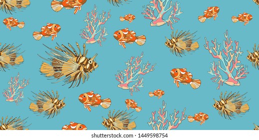 Fishes seamless pattern underwater hand drawn illustration 