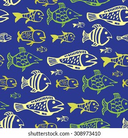 Fishes seamless pattern in vector. 
Fish, drawn by hand, on a blue background. Seamless background.