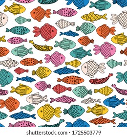 Fishes seamless vector background. Colorful ocean animals pattern for kids. Line art doodle style underwater illustration. Use for fabric, kids wear, decor, wrapping, packaging
