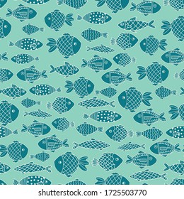 Fishes seamless vector pattern. Blue doodle line art ocean animal repeating background. Marine children summer pattern. For fabric, kids wear, kids decor
