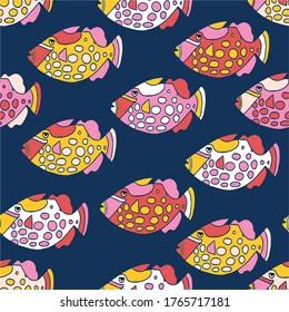 Fishes seamless vector pattern. Colorful ocean animal background for kids. Pink red white yellow exotic tropical clown trigger fishes.