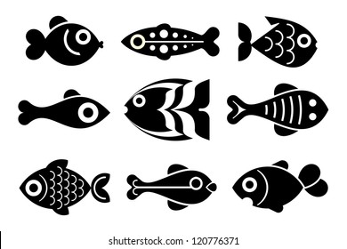 Fishes - set of isolated vector icons. Black on white background.