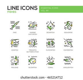 Fishes - set of modern vector line design icons and pictograms. Pike, marine hatchfish, boarfish, seahorse, hogfish, treadfin butterflyfish, clownfish, swordfish, molidae, blowfish coral angler fish