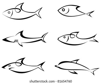 Fishes - set of outline vector icons. Game-fish. Icon that represents fish and seafoods products or it's value in the product. Symbol, emblem, sign. Tattoo. Design elements.