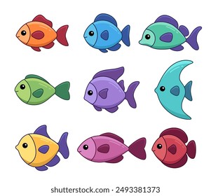 Fische, Set von einfachen Kinder-Cartoon-Illustrationen, Kawaii-Vektorgrafik Zeichnungen