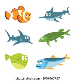 Fishes - set of vector icons. Isolated over white background.