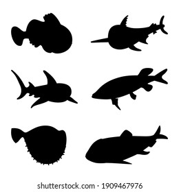 Fishes - set of vector icons. Silhouette. Isolated over white background.