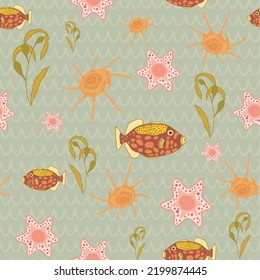 Fishes, shells, sea stars and seaweeds seamless pattern on light green textured background. For fabric, wrapping paper, packaging, scrapbooking.