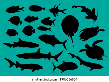 Fishes silhouette collection. Vector decorative elements of underwater wildlife.