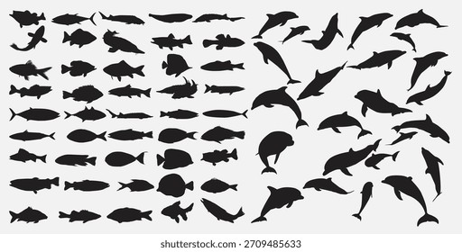 Conjunto de silueta de peces Ilustración vectorial