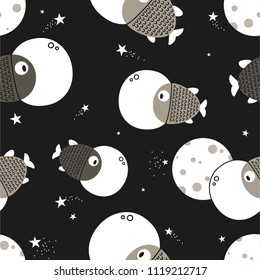 Fishes, stars, hand drawn seamless pattern. Marine background vector. Colorful overlapping backdrop. Decorative cute wallpaper, good for printing. Outer space