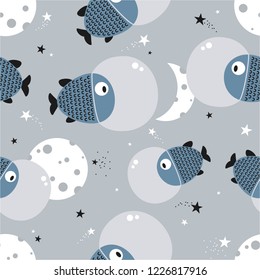 Fishes, stars, moon, hand drawn seamless pattern. Marine background vector. Colorful overlapping backdrop. Decorative cute wallpaper, good for printing. Outer space