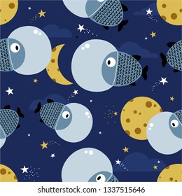 Fishes, stars, moon, hand drawn seamless pattern. Marine background vector. Colorful overlapping backdrop. Decorative cute wallpaper, good for printing. Outer space