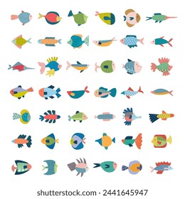 Peces. Conjunto de ilustraciones planas estilizadas de hermosos peces conjunto de plantillas vectoriales recientes