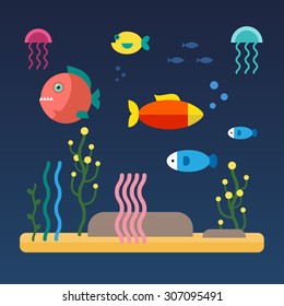 Fishes swimming at the bottom of the sea. Flat style vector illustration isolated on blue background.