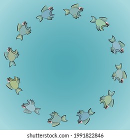 Fishes swimming in circles, one follows the other scared, rashly and thoughtlessly. Symbol for group dynamics, peer pressure, mass hysteria, overreliance, blind trust. Vector comic illustration.
