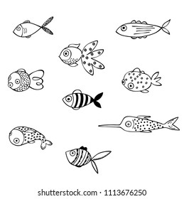 Fishes tropical, Black Outline, freehand, sea, stripped, polka dots, blow fish, marine, water, scale, pattern, swimming, cute, aquarium, cartoon, sketch, illustration, doodles, collection, Ocean