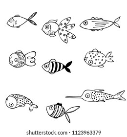 Fishes tropical, Black Outline, freehand, sea, stripped, polka dots, blow fish, marine, water, scale, pattern, swimming, cute, aquarium, cartoon, sketch, illustration, doodles, collection, Ocean