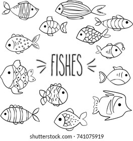 Fishes tropical, Black Outline, freehand, sea, stripped, polka dots, blow fish, marine, water, scale, pattern, swimming, cute, aquarium, cartoon, sketch, illustration, doodles, collection, Ocean