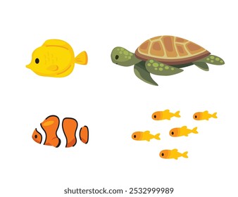 Fishes and turtle swimming. Cartoon clownfish.