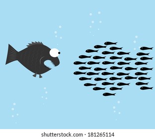 Fishes unite fight with big fish. vector illustration