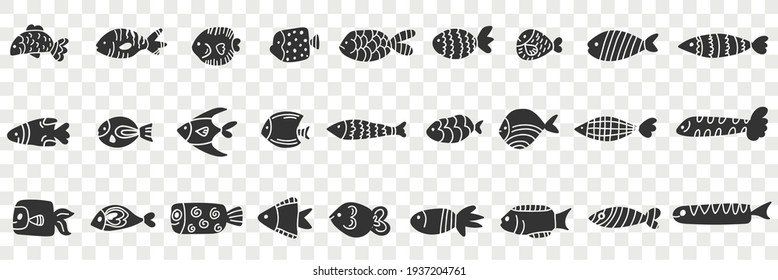 Fishes of various patterns doodle set