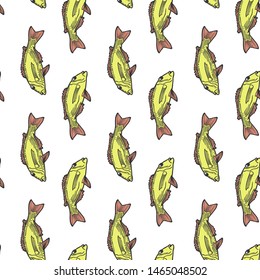 Fishes. Vector concept in doodle and sketch style. Hand drawn illustration for printing on T-shirts, postcards. Seamless pattern for textile, paper wrap. Texture background.