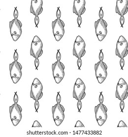 Fishes. Vector concept in doodle and sketch style. Hand drawn illustration for printing on T-shirts, postcards. Seamless pattern for textile, paper wrap. Texture background.