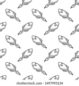 Fishes. Vector concept in doodle and sketch style. Hand drawn illustration for printing on T-shirts, postcards. Seamless pattern for textile, paper wrap. Texture background.