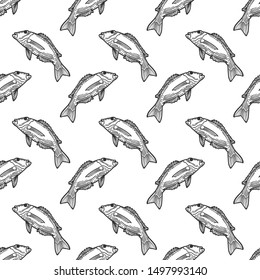 Fishes. Vector concept in doodle and sketch style. Hand drawn illustration for printing on T-shirts, postcards. Seamless pattern for textile, paper wrap. Texture background.