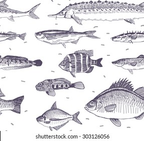 Fishes vector drawings seamless pattern