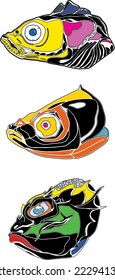 Fishes, Vector, Graphics. Colour inked. Fish of the Black Sea, portraits.