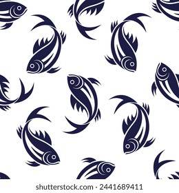 Fishes vector seamless pattern. Black stylized drawings on white background.