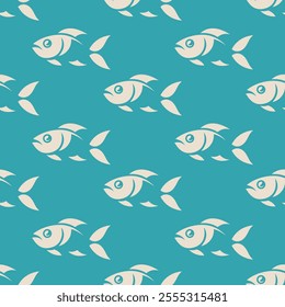 Fishes vector seamless pattern. Ivory stylized drawings on turquoise blue background. Marine theme.