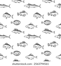 fishes vector seamless pattern. Pike perch, ruff fish, mackerel, pagers major, roach, crucian carp fish. Multicolored clipart sea food fishing, healthy meal, kids animals illustration for boys