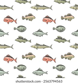 fishes vector seamless pattern. Pike perch, ruff fish, mackerel, pagers major, roach, crucian carp fish. Multicolored clipart sea food fishing, healthy meal, kids animals illustration for boys