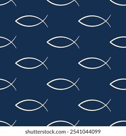 Fishes vector seamless pattern. White stylized line drawings on blue background.