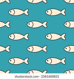 Fishes vector seamless pattern White stylized silhouettes with black outline on turquoise background