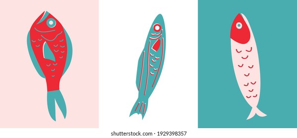 Fishes vector set. Abstract hand drawn seafood illustrations. Can be use for restaurants menu, cover, packaging. Cartoon flat illustration.