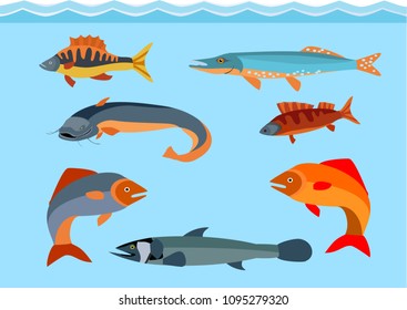 Fishes vector set, marine life theme