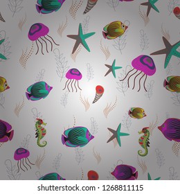 Fishes in white, gray and green colors. Vector marine seamless pattern with cartoon colorful fishes. Sea life summer background.