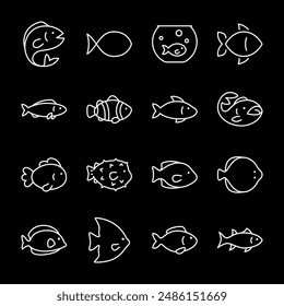Fishes, white line icons. Various fish species. Perfect for marine biology, fishing, and culinary themes. Symbols on black background. Editable stroke.