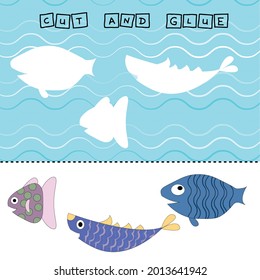  Fishes worksheet vector design, the task is to cut and glue a piece on colorful cute fishes . Logic game for children.
