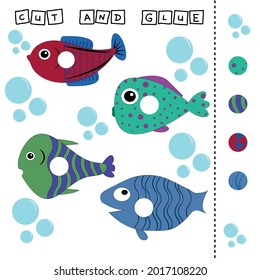  Fishes worksheet vector design, the task is to cut and glue a piece on colorful cute fishes . Logic game for children.