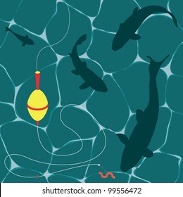 Fishes and a worm on a fish hook underwater vector background