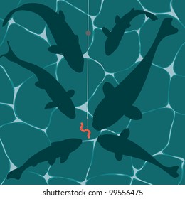 Fishes and a worm on a fish hook underwater vector background