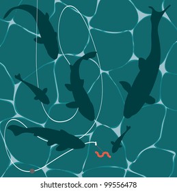 Fishes and a worm on a fish hook underwater vector background