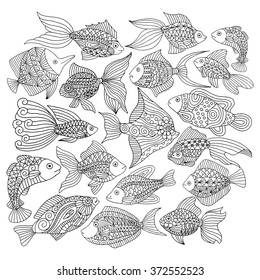Fishes zentangle pattern for coloring book