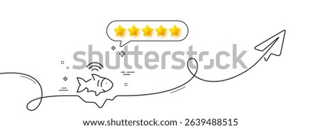 Fishfinder line icon. Continuous line with share plane. Echo fish sounder sign. Fishing sonar symbol. Five star rate review in speech bubble. Fishfinder single line ribbon. Loop curve pattern. Vector