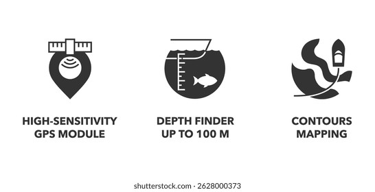 Fishfinder sonar properties icons set - Contours mapping mode, High-sensitivity GPS module, Depth finder up to 100 meters Pictograms for labeling in monochrome style